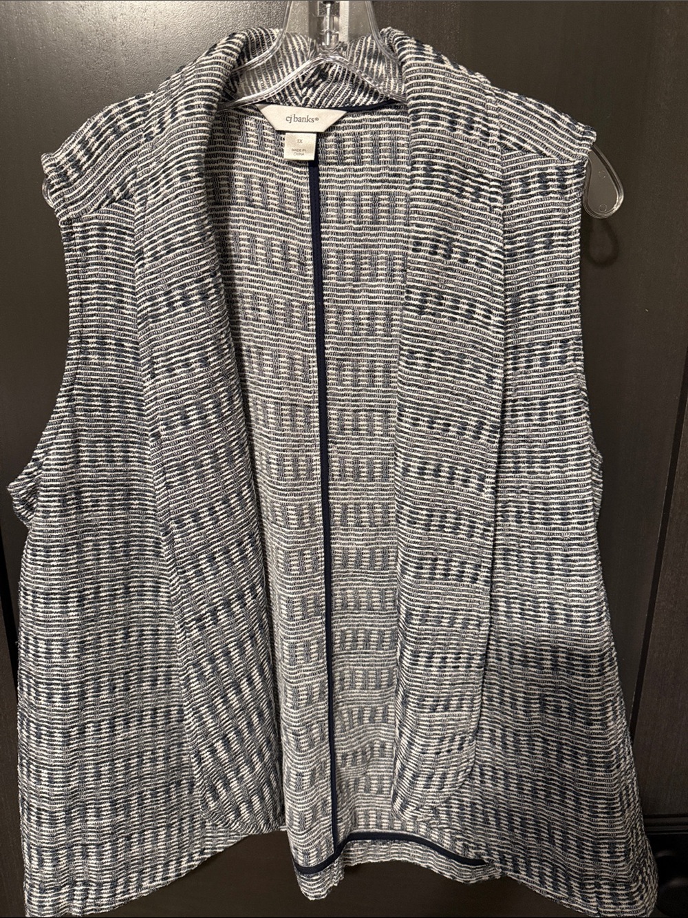 CJ Banks Blue & White Textured Open-Front Sleeveless Vest
